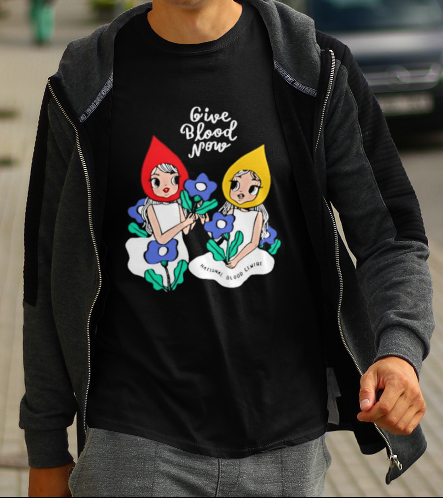Give Blood Now National Blood Centre Cartoon Girls With Flowers T-Shirt