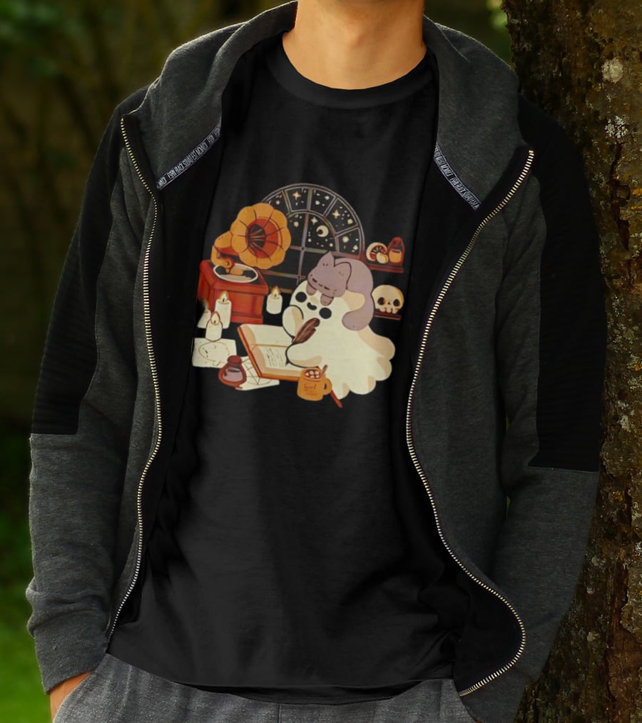 Ghost Cat Listening To Phonograph Under Night Sky While Writing T-Shirt