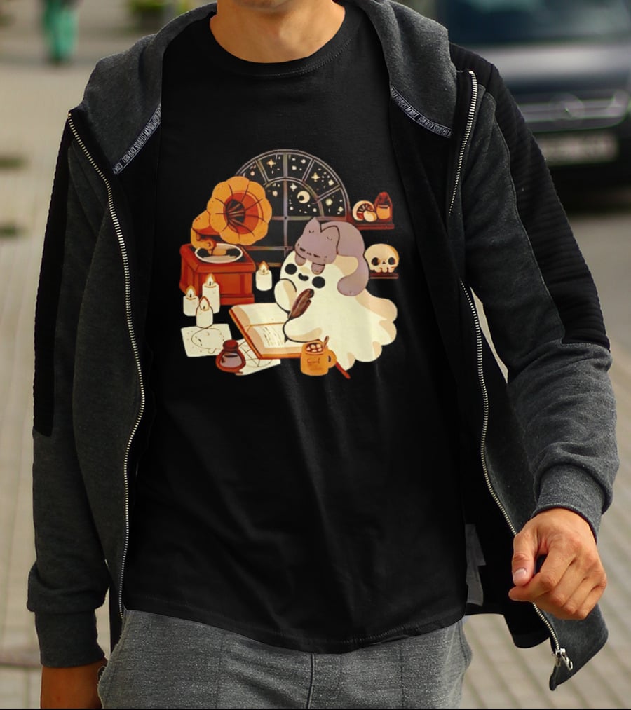 Ghost Cat Listening To Phonograph Under Night Sky While Writing T-Shirt