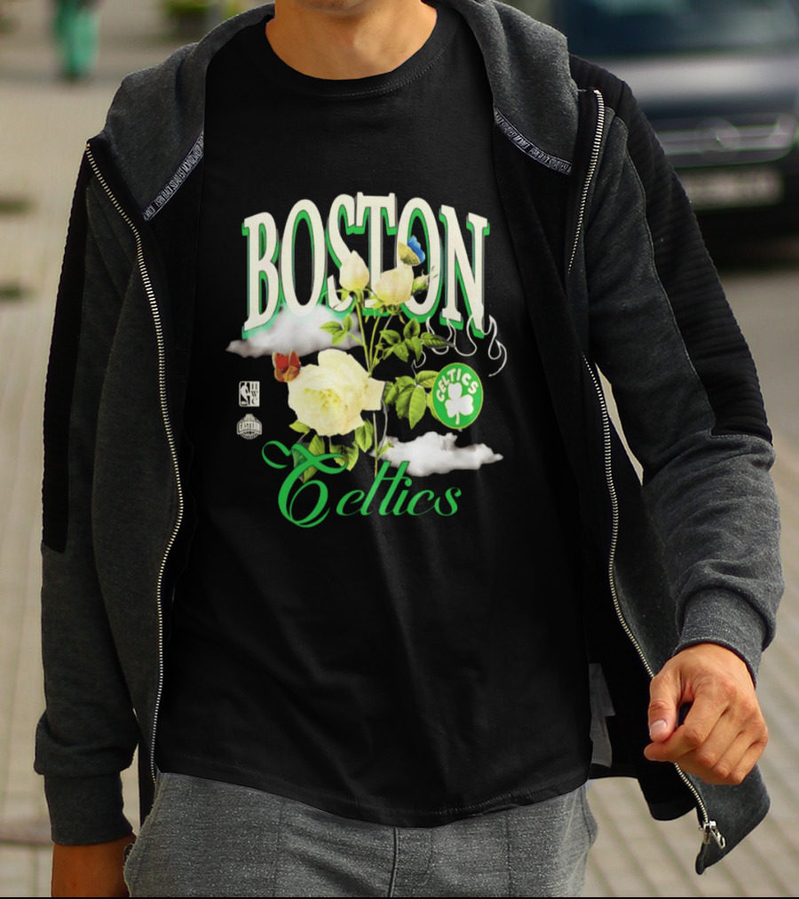Boston Celtics Floral Roses With Butterfly And Shamrock T-Shirt