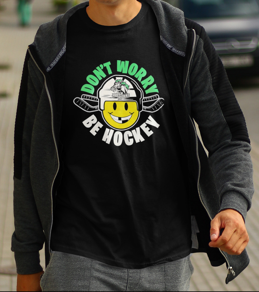 Don't Worry Be Hockey Cedar Rapids RoughRiders Smiley Face Helmet Rugged Fun T-Shirt
