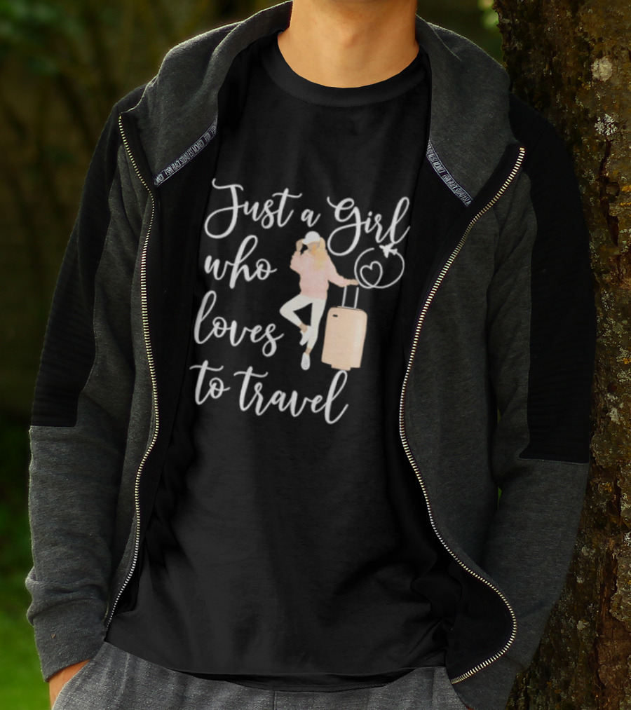 Just A Girl Who Loves To Travel With Pink Luggage And Heart T-Shirt
