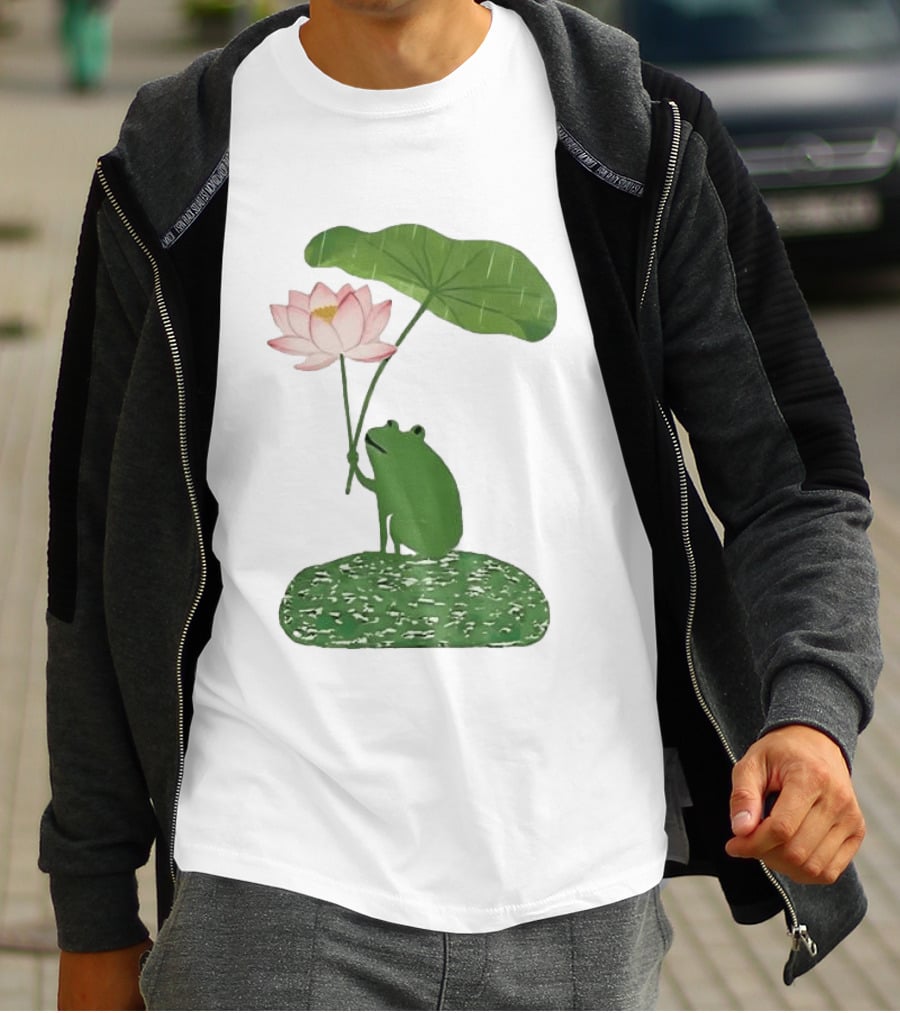 Frog With Lotus Umbrella Under The Rain Meme Cute Nature Scene T-Shirt