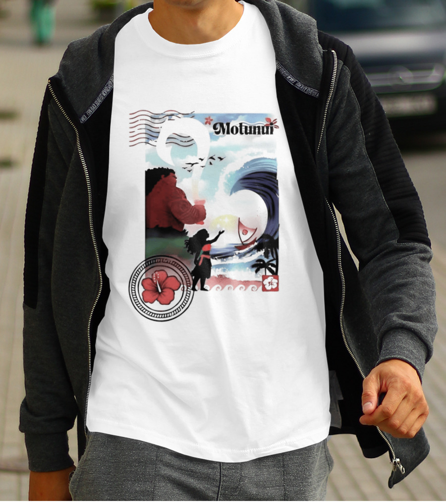 Motunui Postage Stamp Ocean Wave Hibiscus Blossom T-Shirt