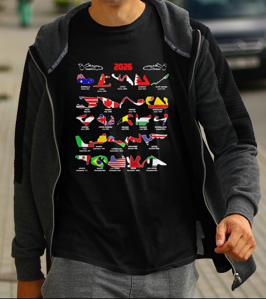 Formula Racing 2026 Circuit Map With International Flags And Track Layouts T-Shirt