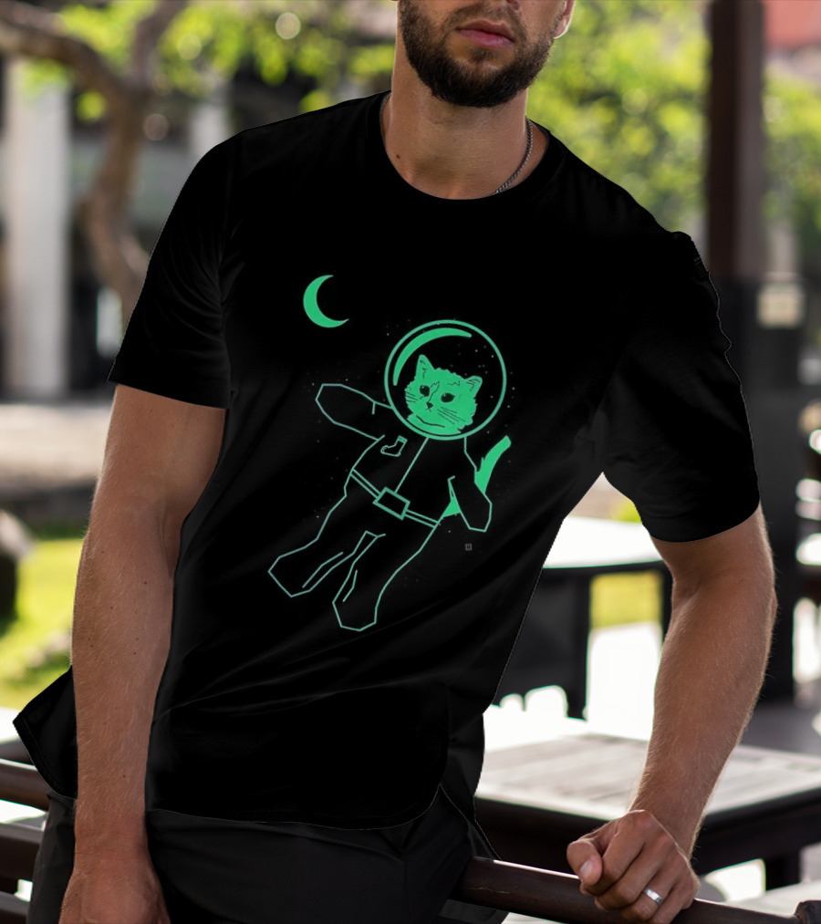 Glow In The Dark Astronaut Neon Cat With Moon Phases T-Shirt