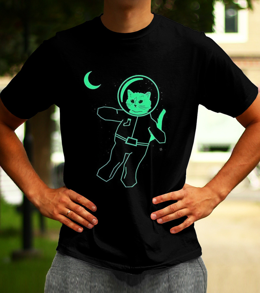 Glow In The Dark Astronaut Neon Cat With Moon Phases T-Shirt