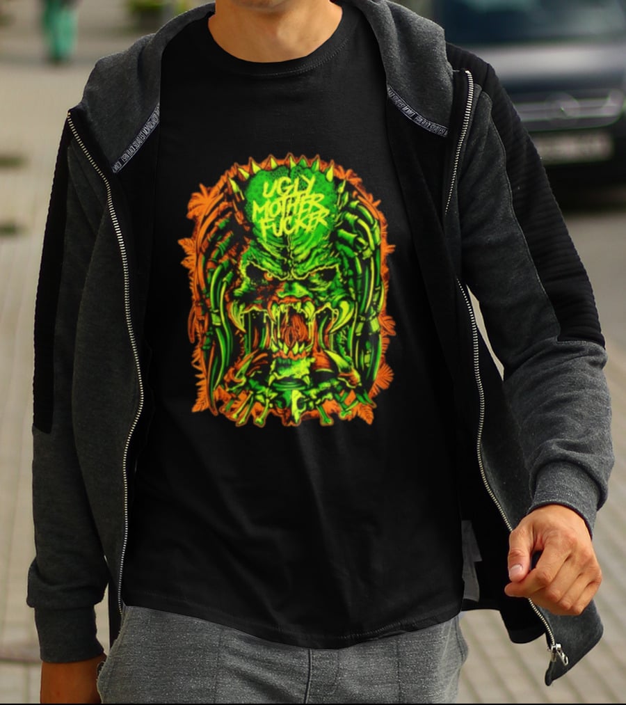 Predator Ugly Mother Fucker Alien Mask Neon Green And Orange T-Shirt