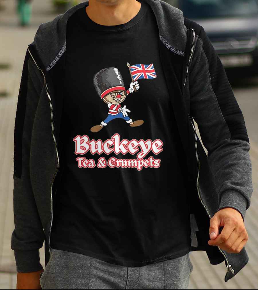 Buckeye Tea And Crumpets British Guard Cartoon With Union Jack Flag T-Shirt