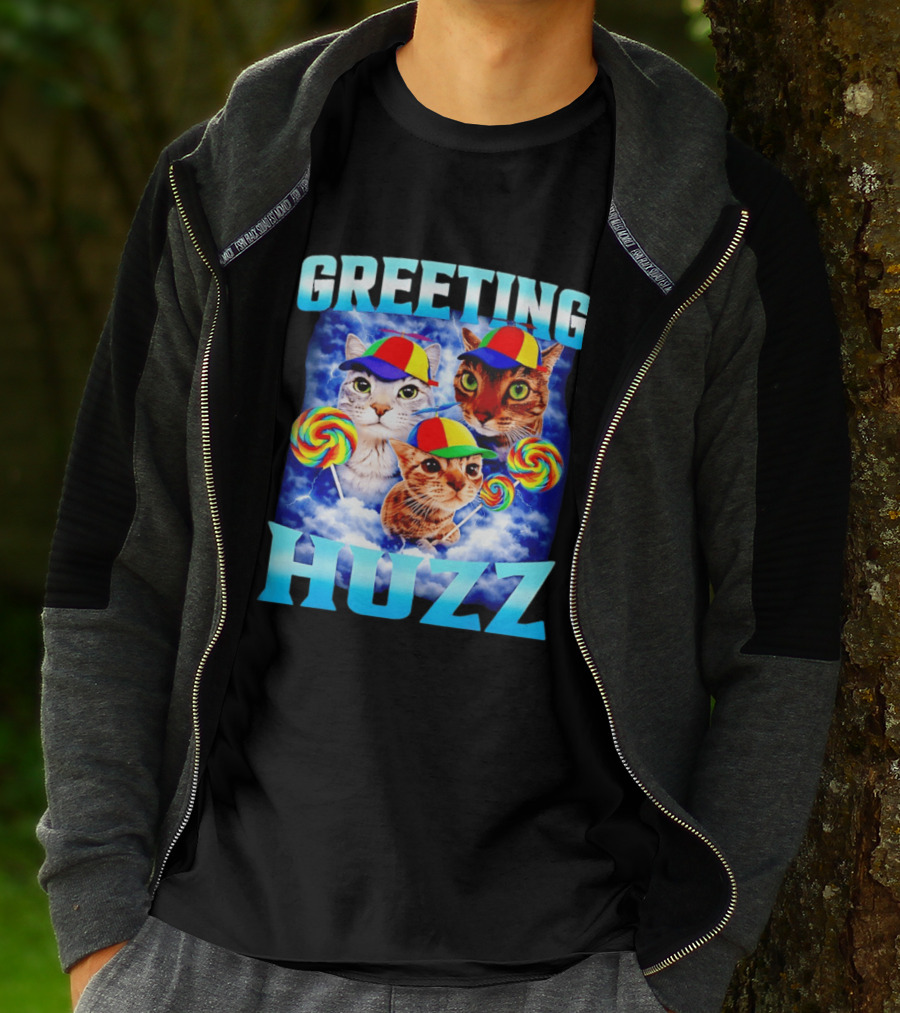 Greeting Huzz Cat Meme With Lollipops And Colorful Hats T-Shirt