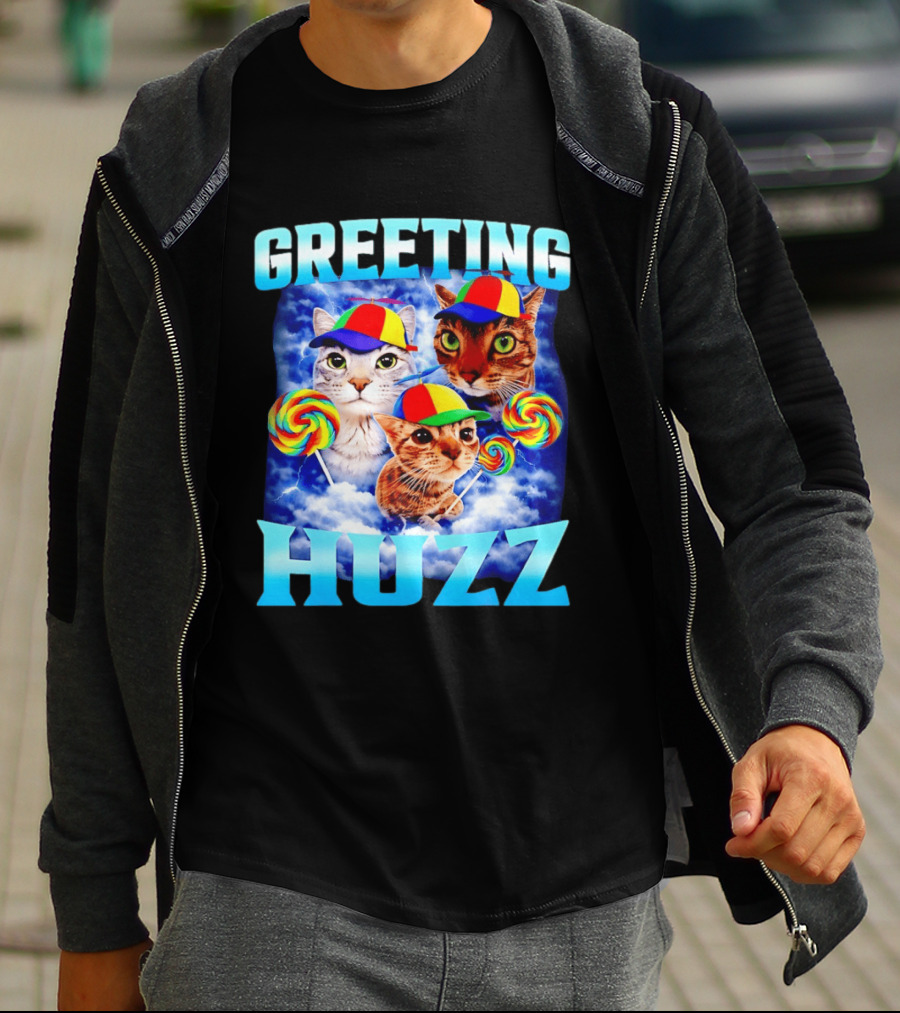 Greeting Huzz Cat Meme With Lollipops And Colorful Hats T-Shirt