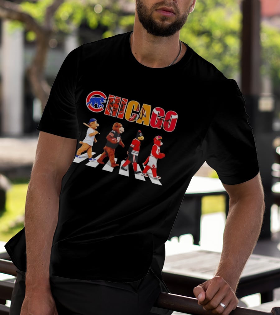 Chicago Cubs Bears Blackhawks Bulls Mascots Crossing Abbey Road T-Shirt