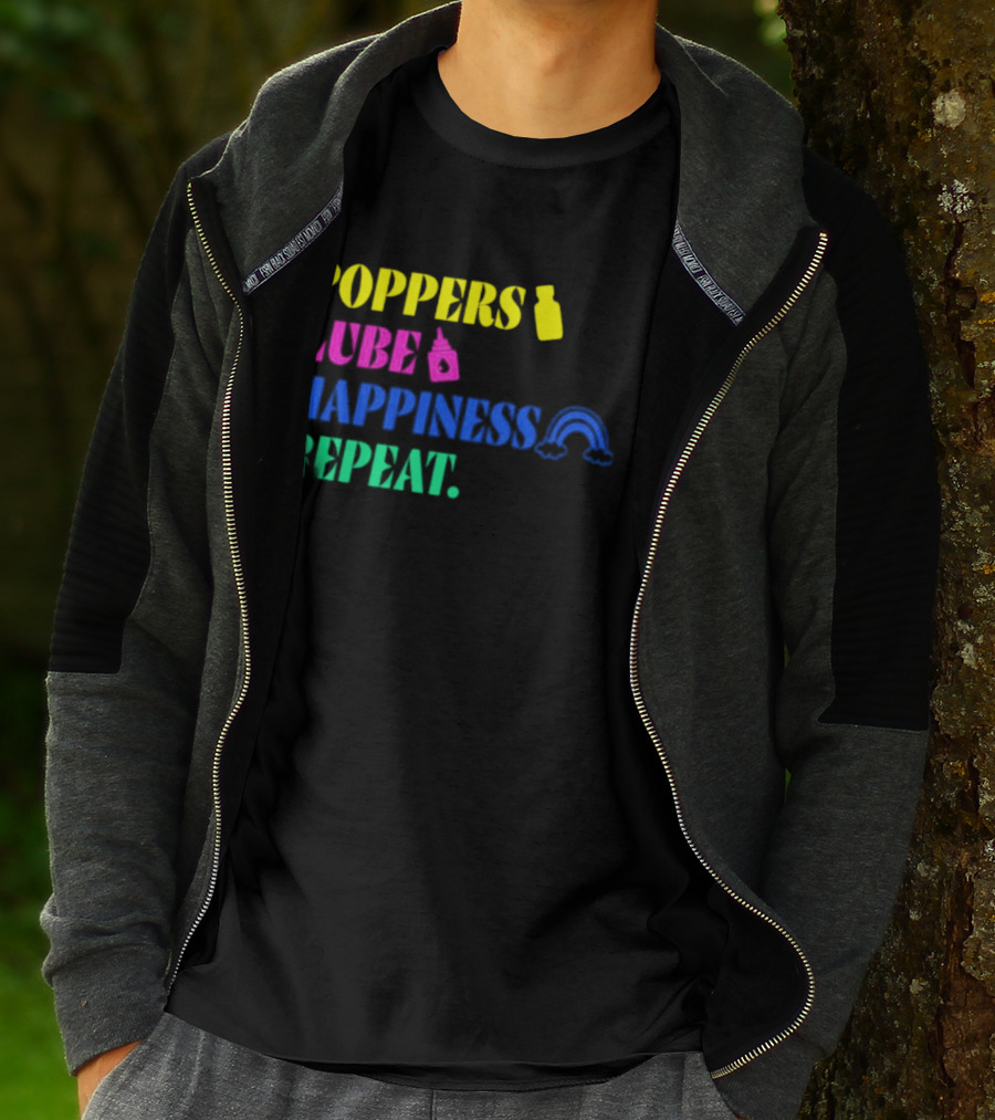 Poppers Lube Happiness Repeat LGBTQ Rainbow T-Shirt