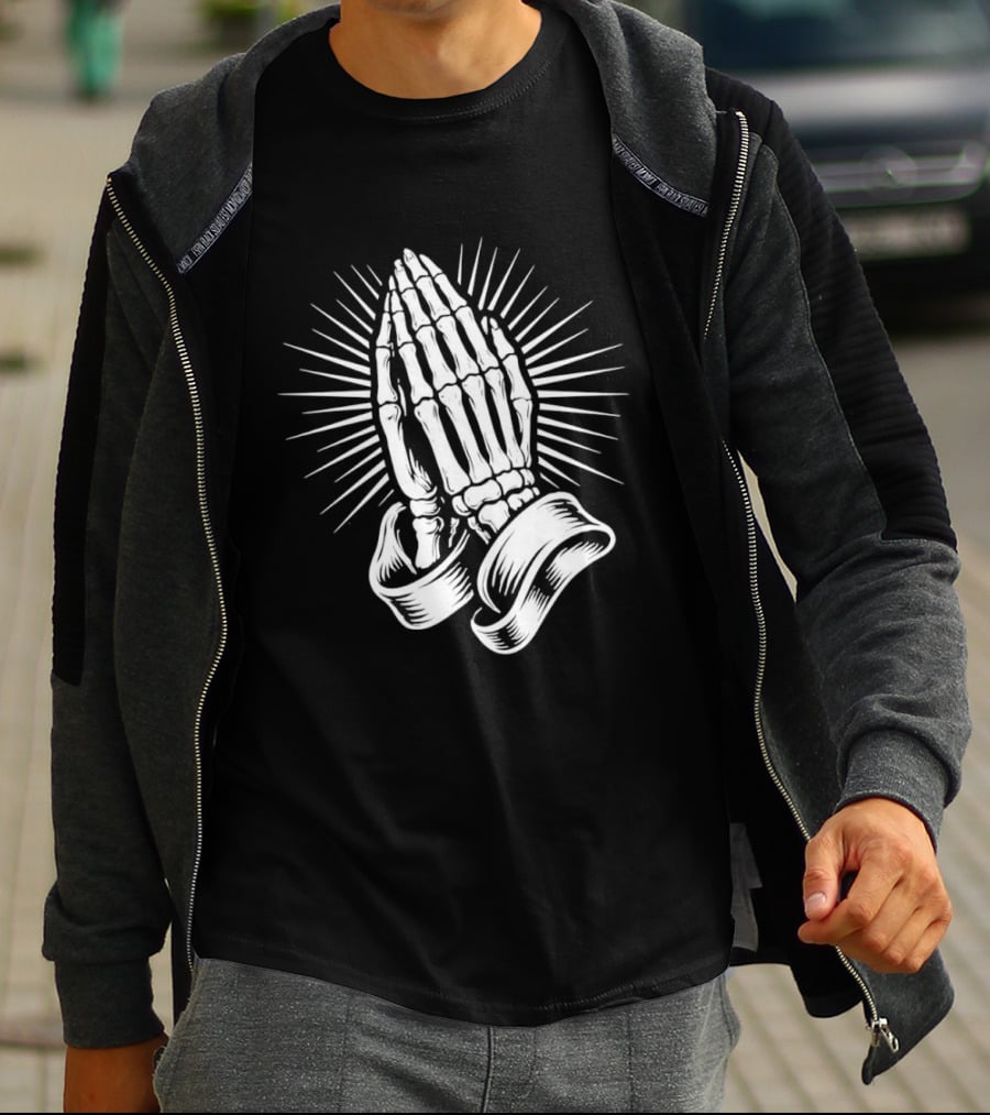 Skeleton Praying Hands Christian Symbol With Radiant Light T-Shirt