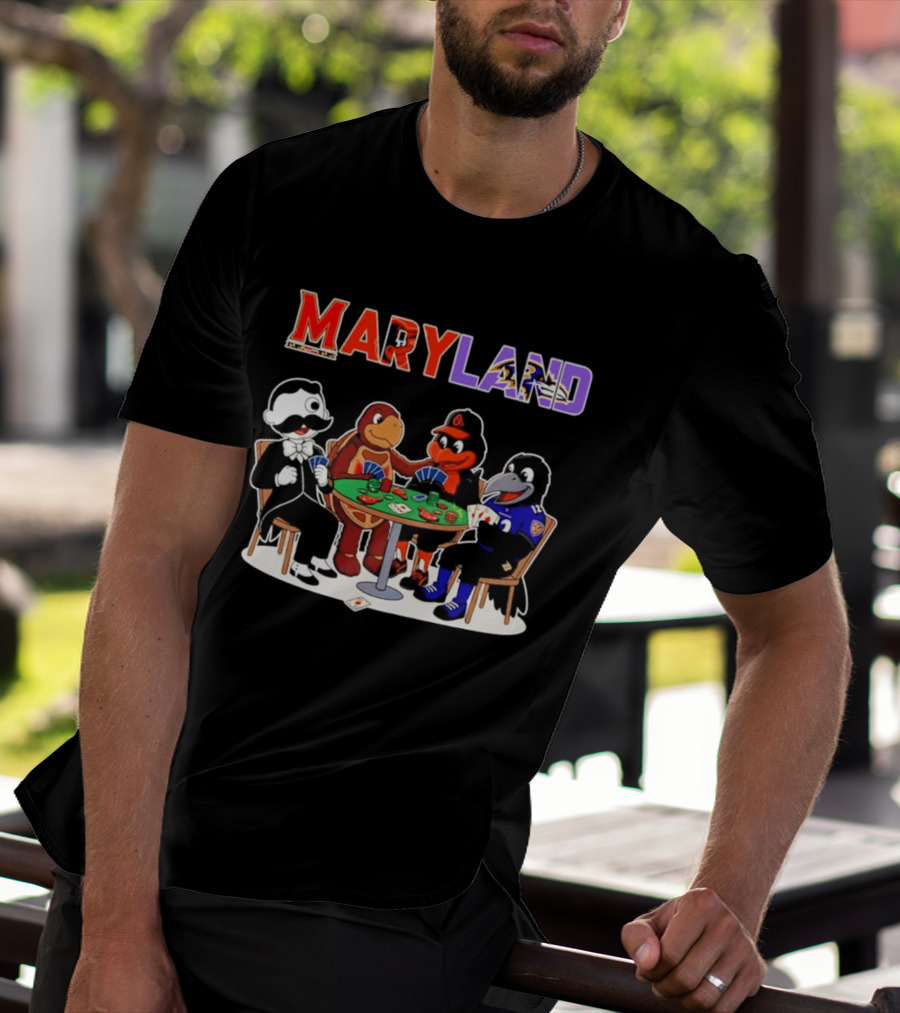Maryland Mascots Playing Poker With Natty Boh, Orioles, Ravens, And Terrapins T-Shirt