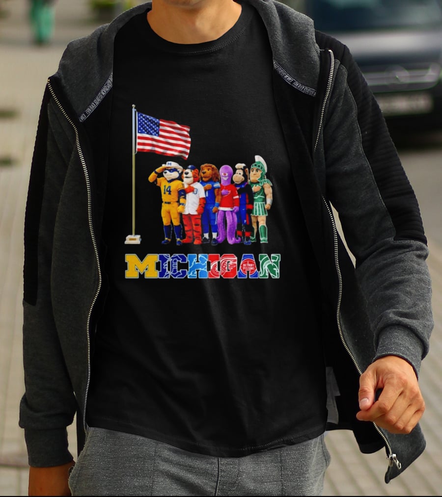 Patriotism In Michigan Sports Mascots Saluting American Flag T-Shirt