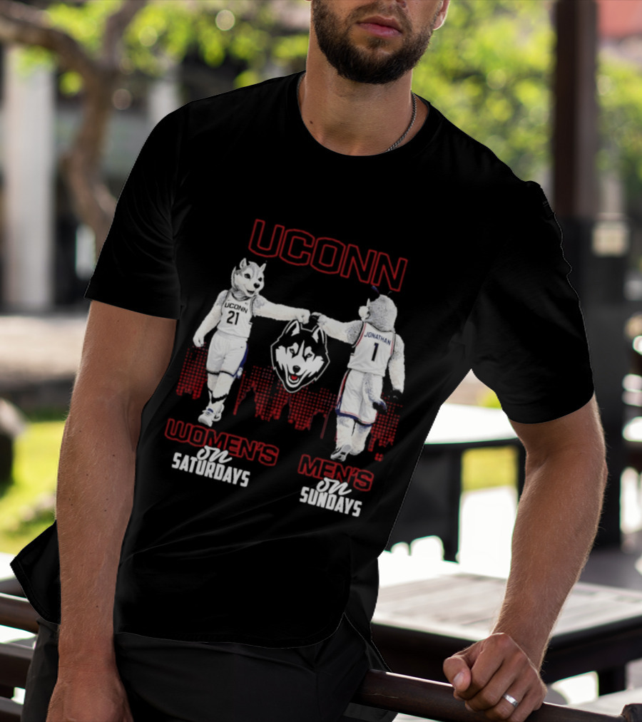 UConn Huskies Women's Saturdays Men's Sundays Fist Bump City Skyline T-Shirt