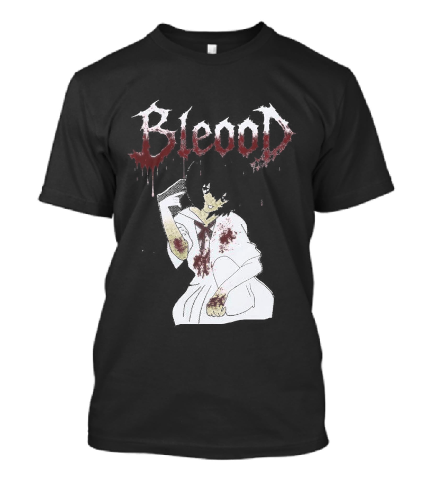 Blood Anime Style Dripping Text And Mysterious Figure T-Shirt