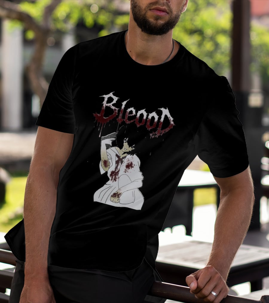 Blood Anime Style Dripping Text And Mysterious Figure T-Shirt