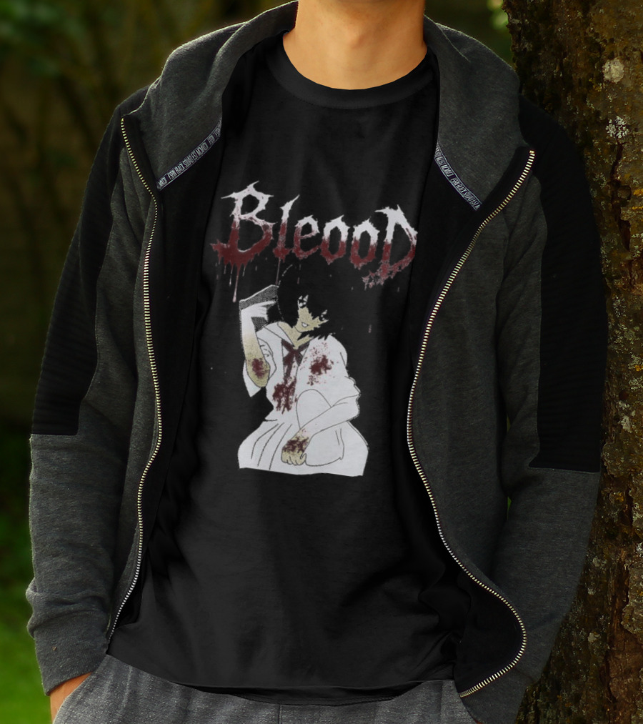 Blood Anime Style Dripping Text And Mysterious Figure T-Shirt