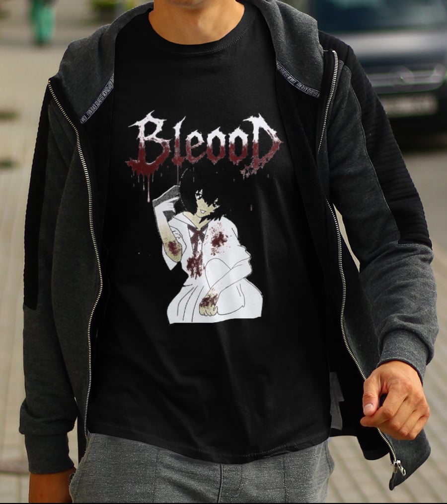 Blood Anime Style Dripping Text And Mysterious Figure T-Shirt