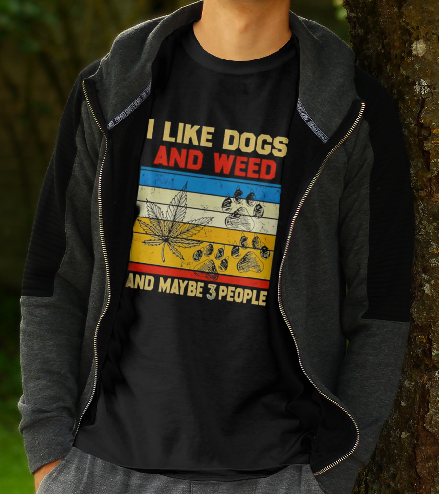 I Like Dogs And Weed And Maybe 3 People Vintage Stripes Cannabis Leaf Paw Print T-Shirt