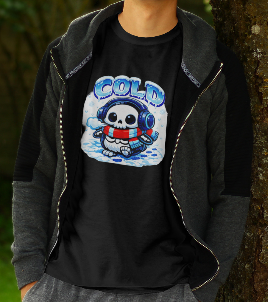 Cold Penguin Skeleton Winter Scarf Headphones Snowflakes T-Shirt