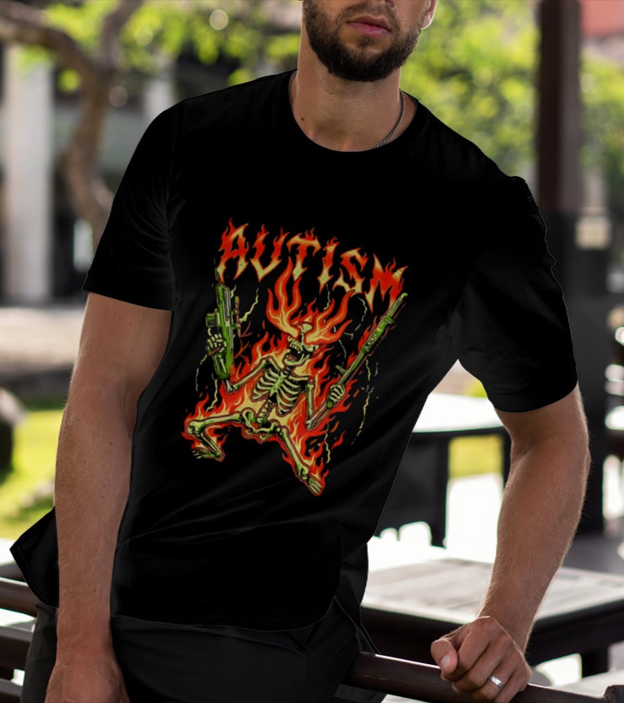 Skeleton Blazing Holding Two Rifle Guns Autism Flame T-Shirt