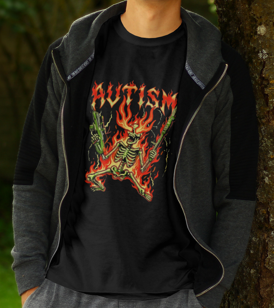 Skeleton Blazing Holding Two Rifle Guns Autism Flame T-Shirt