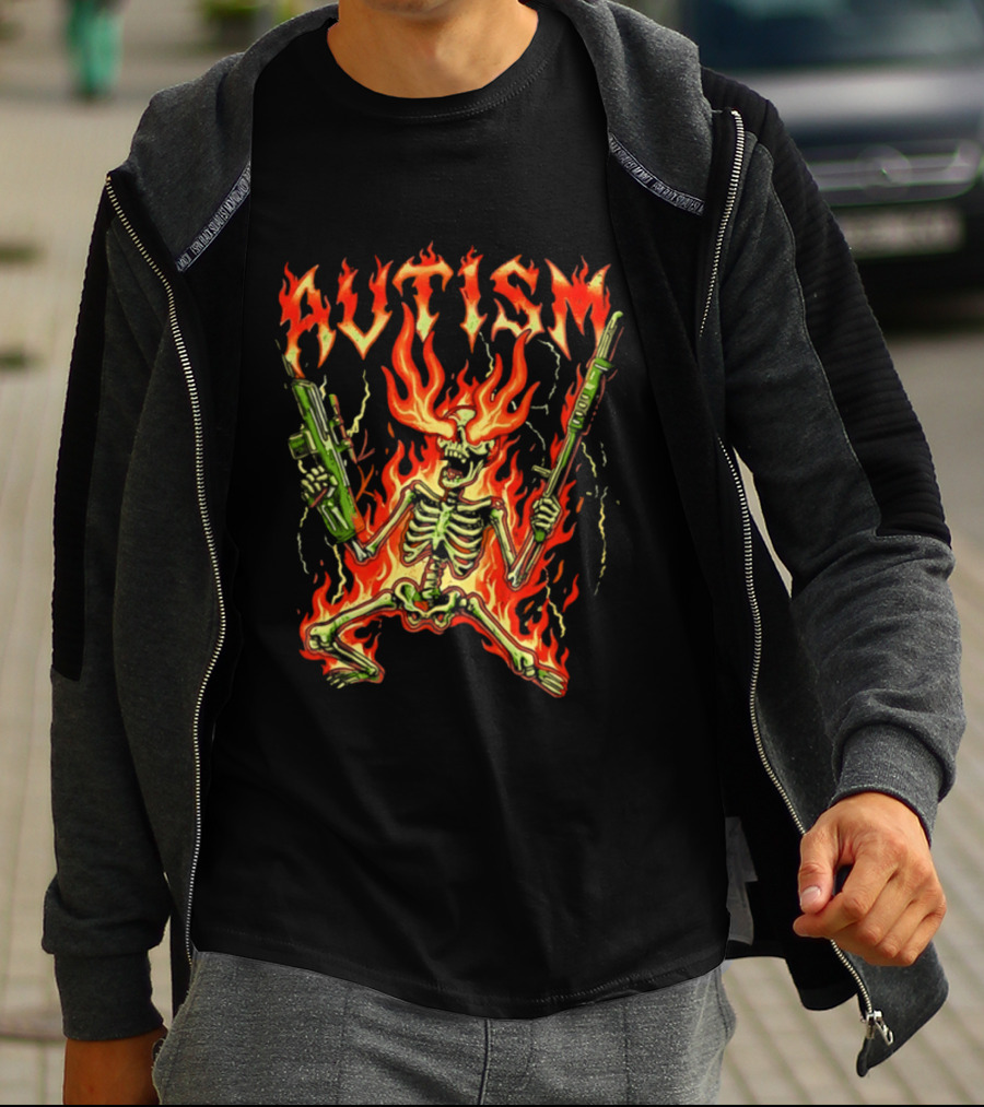 Skeleton Blazing Holding Two Rifle Guns Autism Flame T-Shirt
