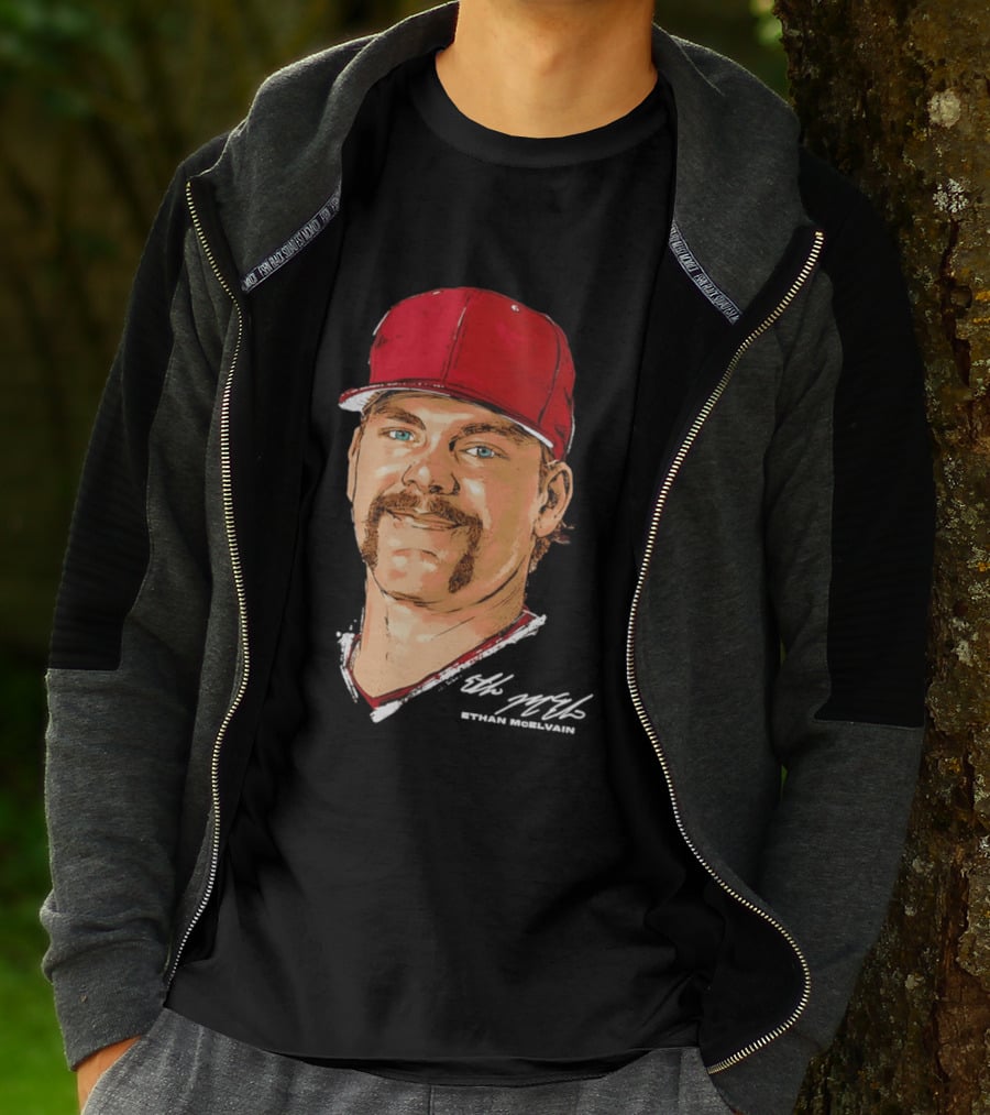 Ethan McElvain Arkansas Razorbacks Baseball Player Portrait In Red Cap T-Shirt