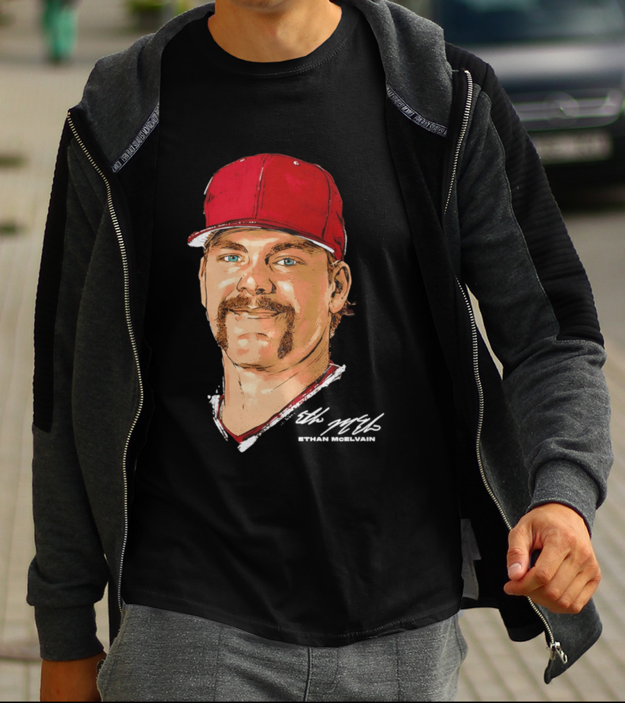 Ethan McElvain Arkansas Razorbacks Baseball Player Portrait In Red Cap T-Shirt