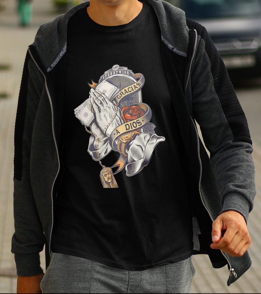 Streetwise Gracias A Dios Prayer Hands Rose Rosary T-Shirt