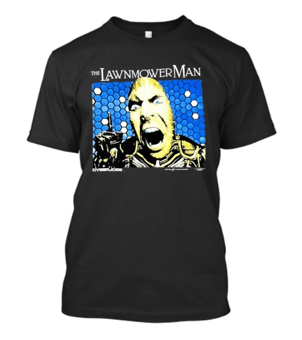 The Lawnmower Man Futuristic Cybernetic Face Against Blue Hexagon T-Shirt