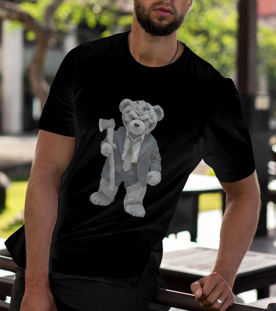Grumpy Teddy Bear In Suit Holding Axe Horror T-Shirt