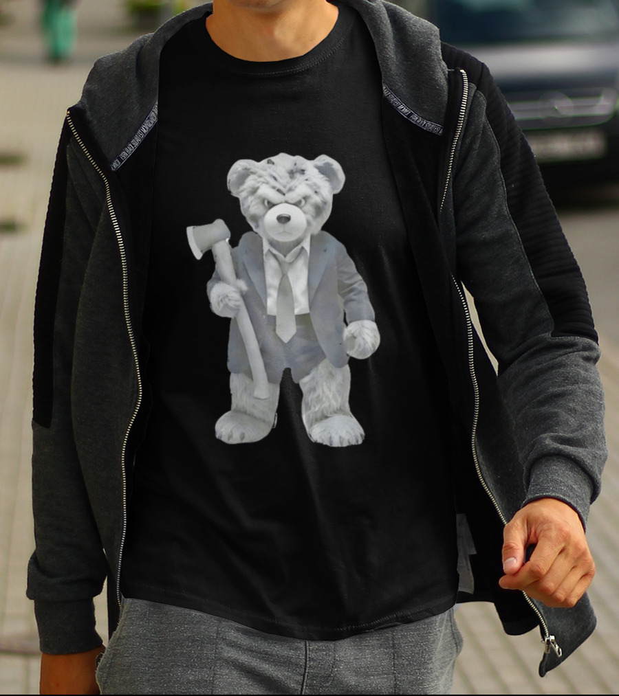 Grumpy Teddy Bear In Suit Holding Axe Horror T-Shirt