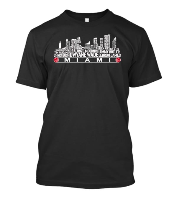 Miami City Skyline Basketball Legends Dwyane Wade LeBron James Jimmy Butler Chris Bosh T-Shirt
