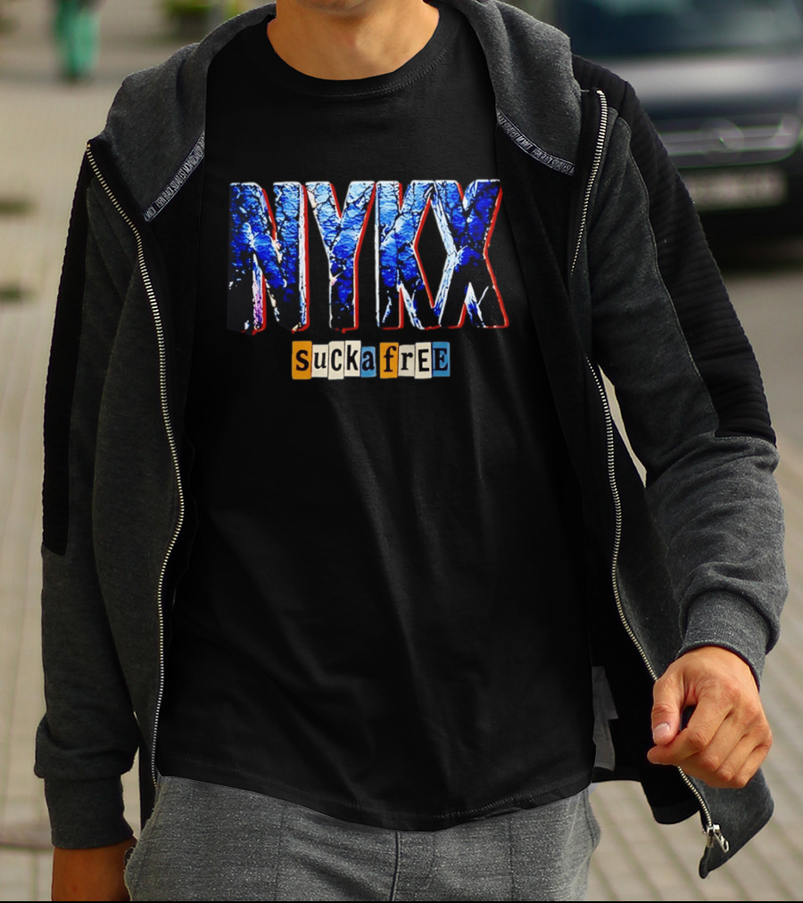 NYKX Sucka Free Bold Blue Text With Colorful Block Letters T-Shirt