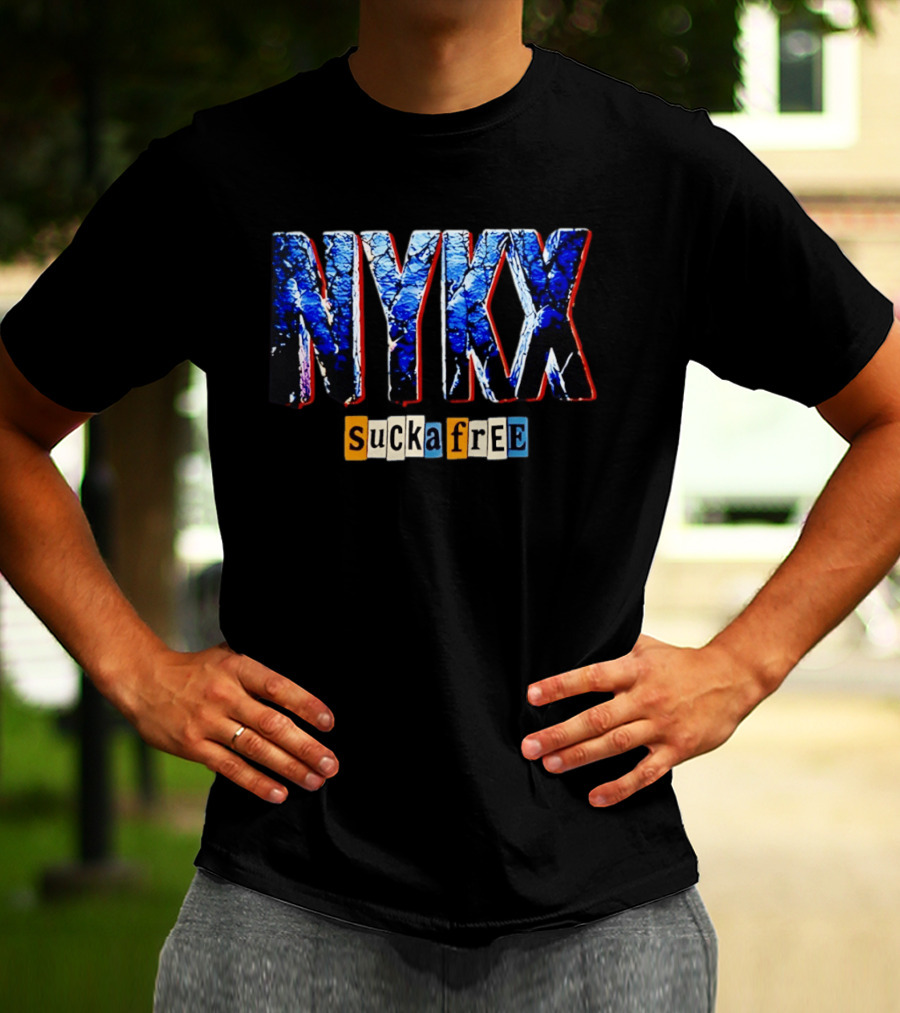 NYKX Sucka Free Bold Blue Text With Colorful Block Letters T-Shirt