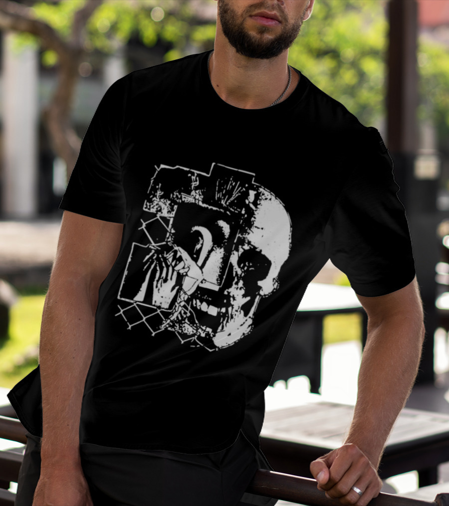Harms Way Chain Link Skull 2026 Distorted Surreal White Design With Fence T-Shirt