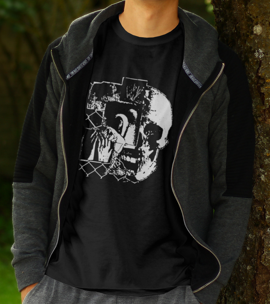 Harms Way Chain Link Skull 2026 Distorted Surreal White Design With Fence T-Shirt