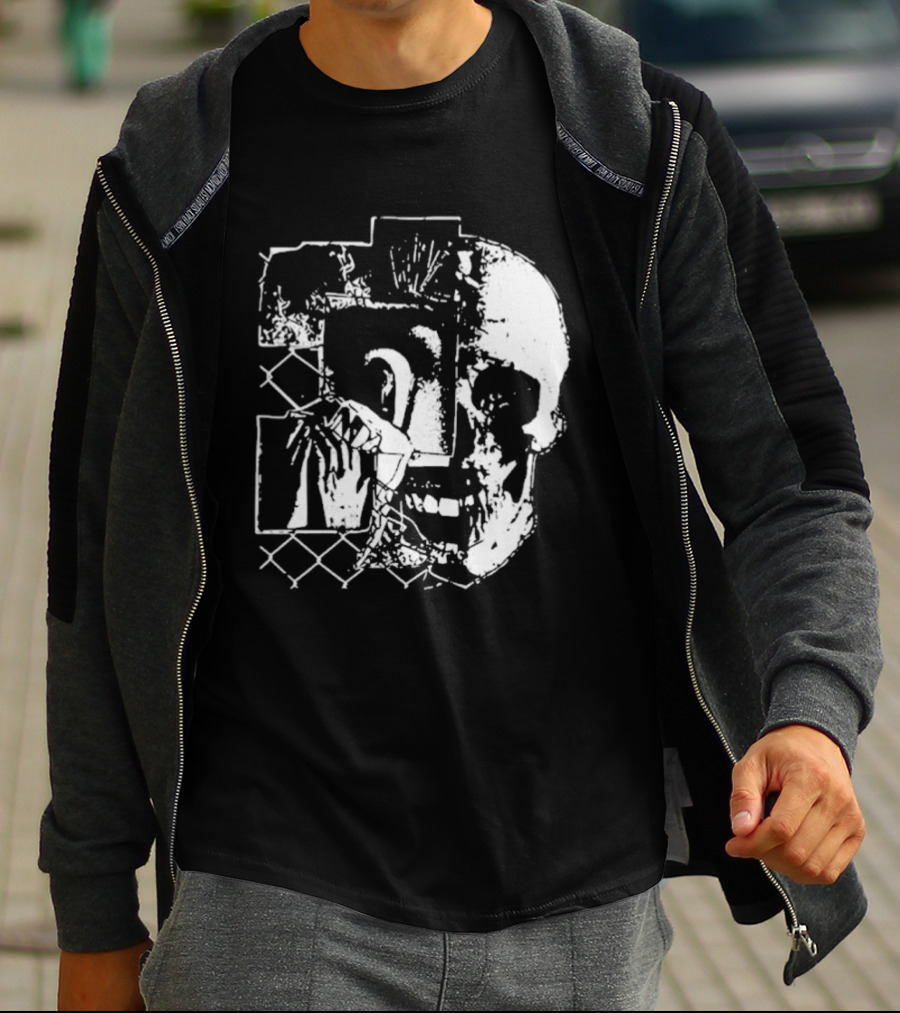 Harms Way Chain Link Skull 2026 Distorted Surreal White Design With Fence T-Shirt