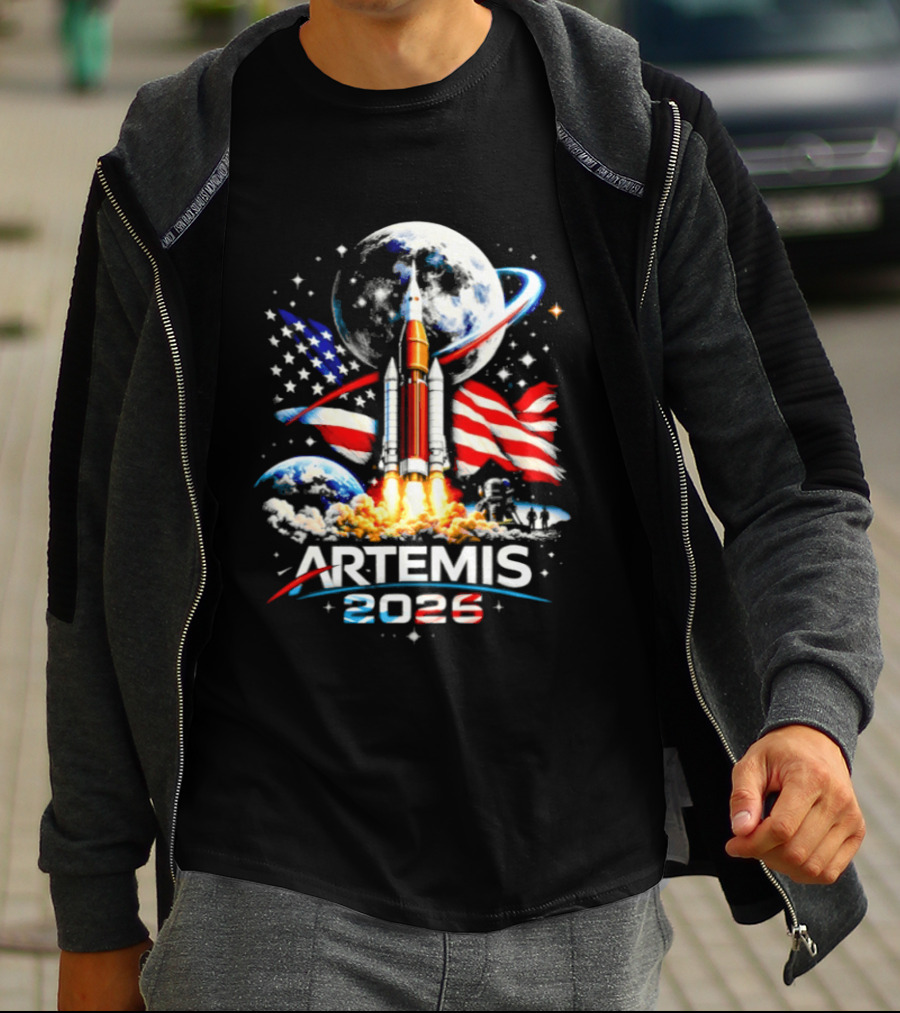 Artemis 2026 Moon Mission American Rocket Launch With Flag And Stars T-Shirt