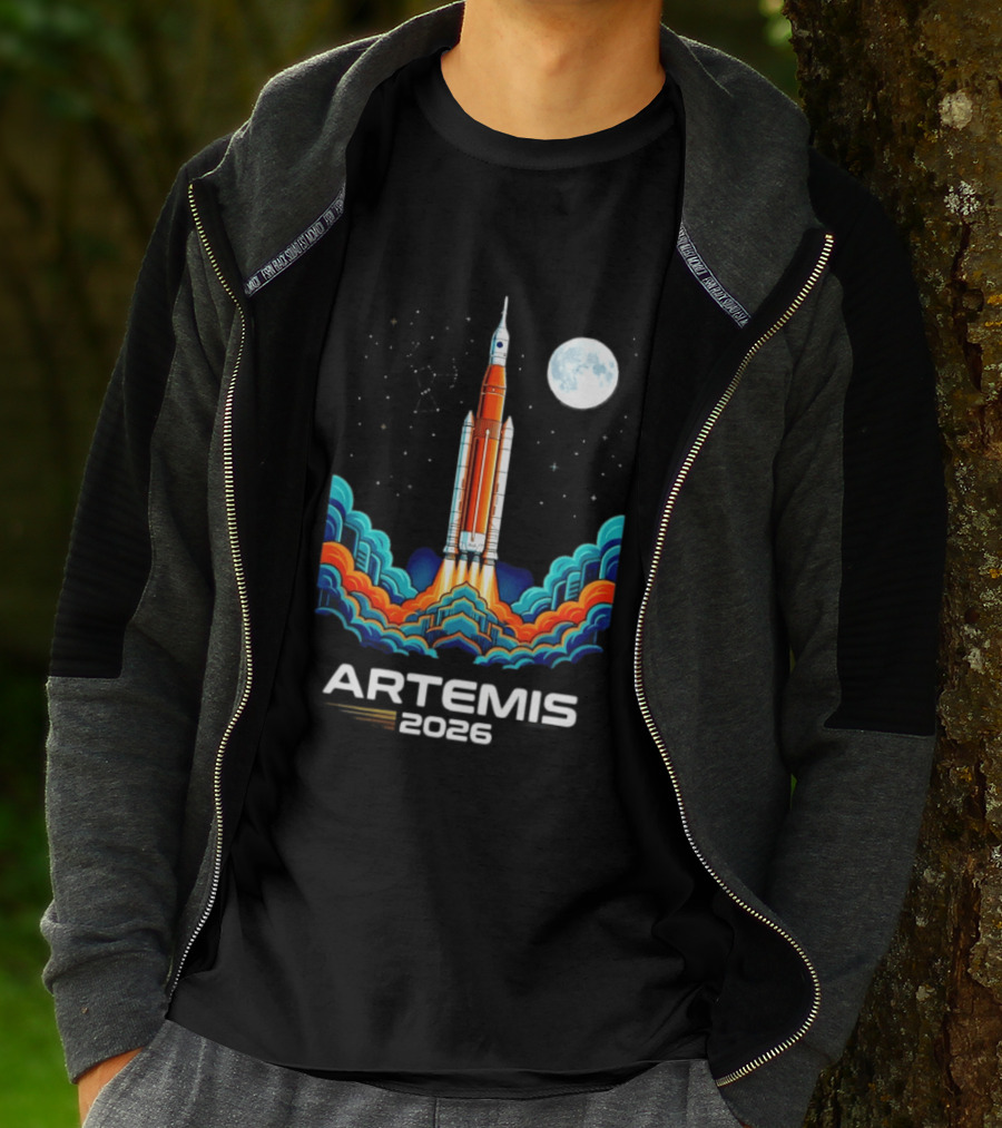 Artemis 2026 Moon Mission Rocket Launch With Vibrant Waves And Full Moon T-Shirt