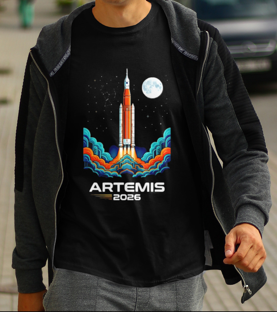 Artemis 2026 Moon Mission Rocket Launch With Vibrant Waves And Full Moon T-Shirt
