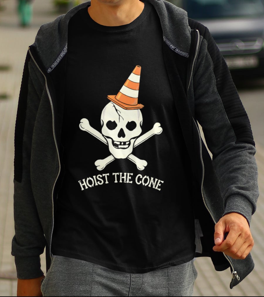 Skull With Pirate Crossbones Wearing Traffic Cone Hat Hoist The Cone T-Shirt
