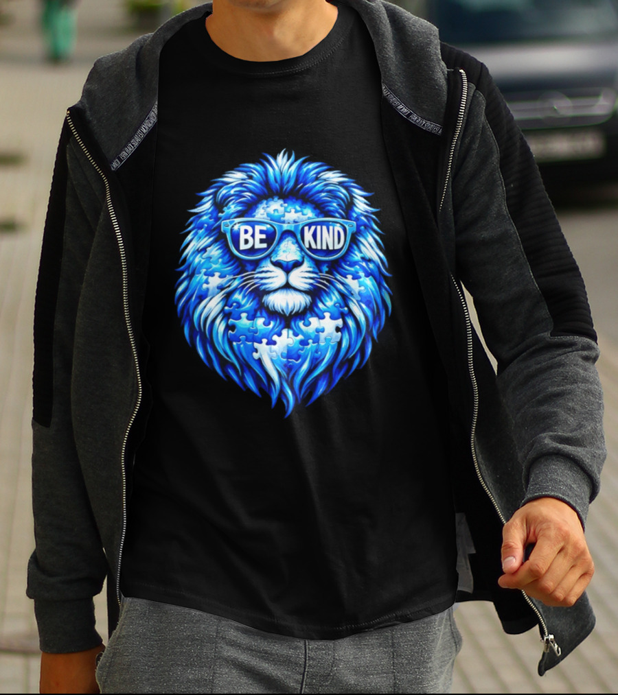 Blue Lion Be Kind Sunglasses Autism Awareness Puzzle T-Shirt