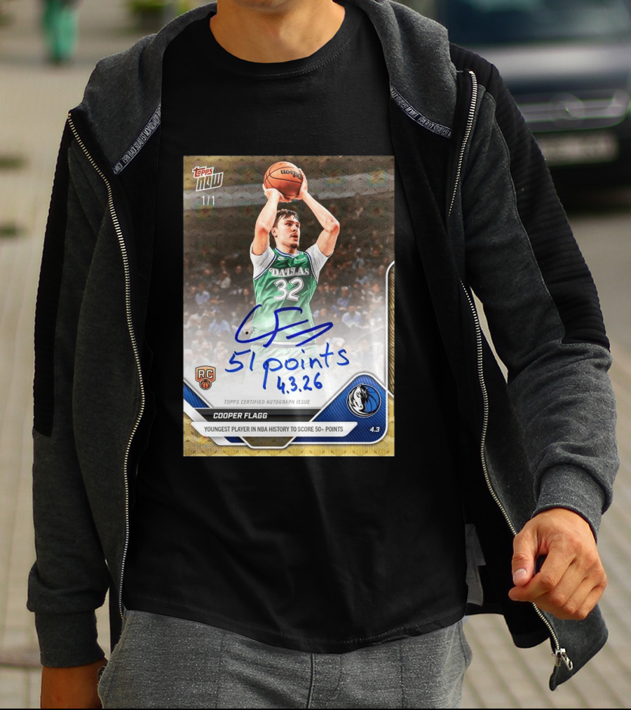Topps Now Cooper Flagg 51 Points Youngest NBA History Dallas Mavericks Rookie Card T-Shirt