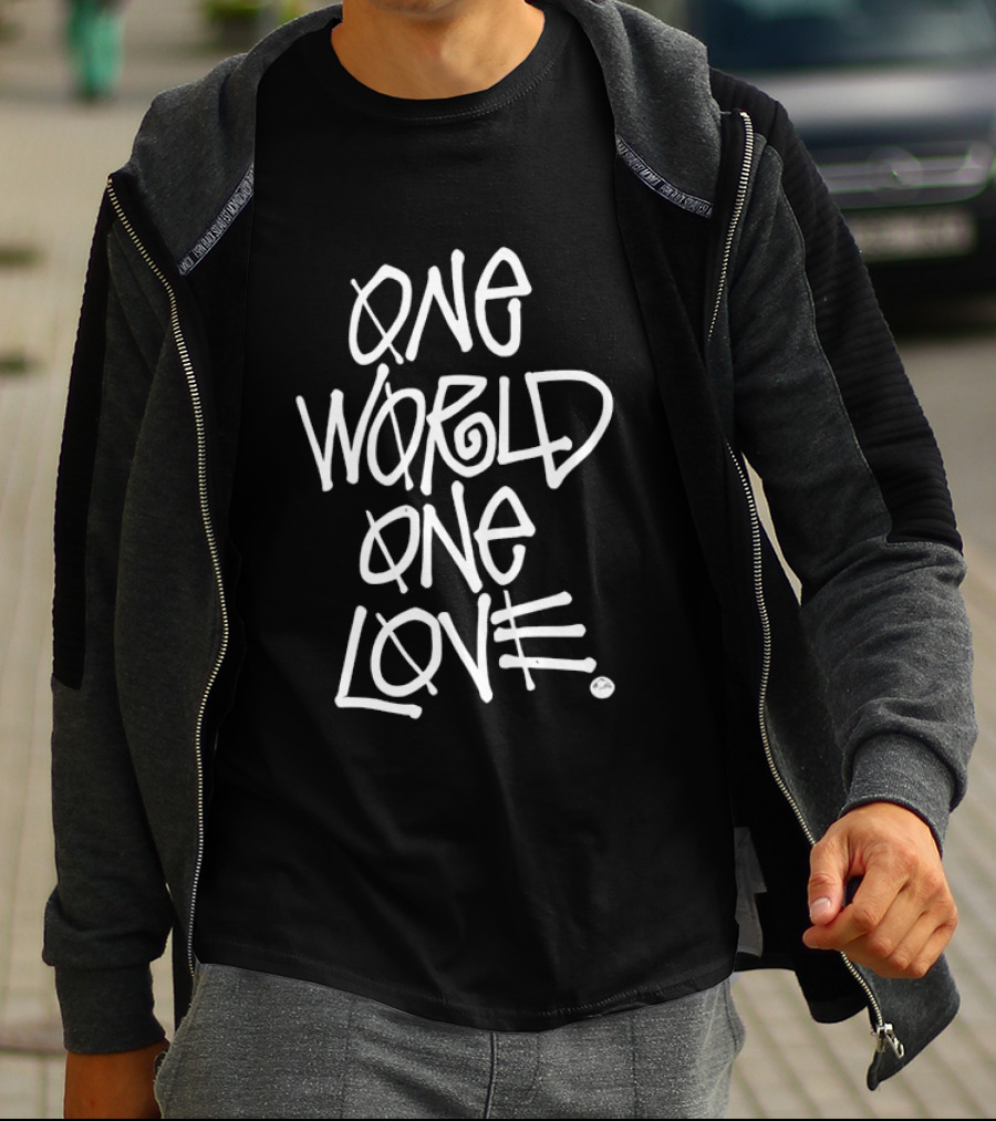 One World One Love Graffiti Style Message T-Shirt