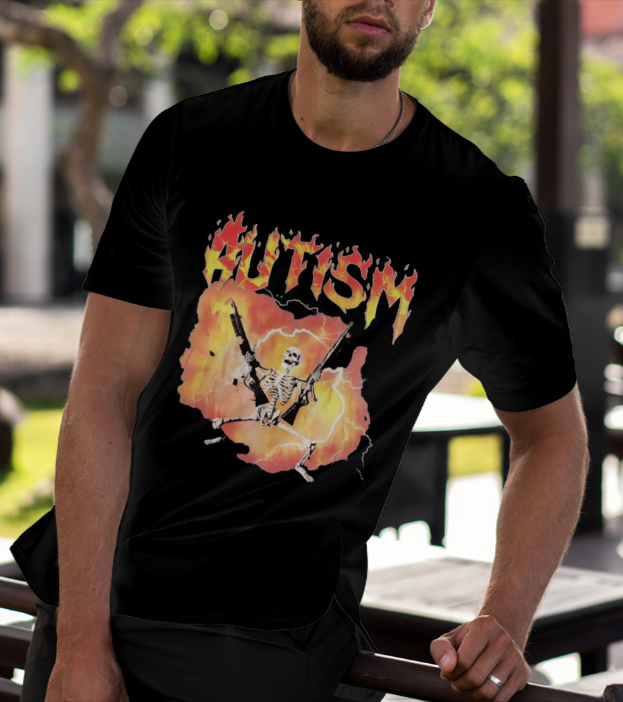 Autism Flaming Skeleton Meme Guns Edgy Fire T-Shirt
